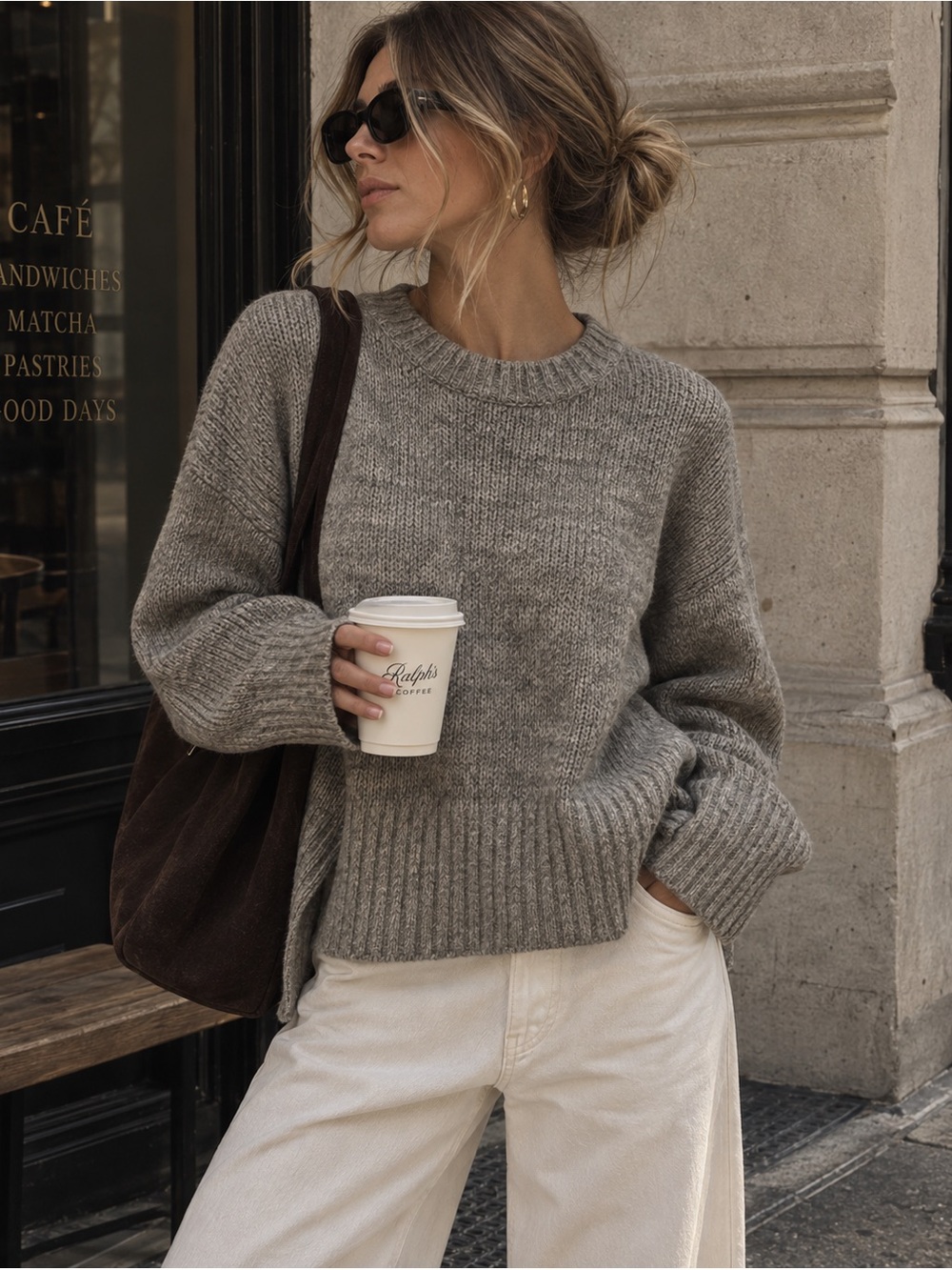 Topshop Oversized Rib Hem Crewneck Sweater Gray XS